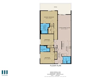 A floor plan for a home with a living/dining room, two bedrooms, two bathrooms, and a patio.
