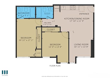 A floor plan of a home with two bedrooms, a living room, a kitchen/dining room, and two bathrooms.