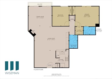 A floor plan for a home with a living room, two bedrooms, a bathroom, and a kitchen.