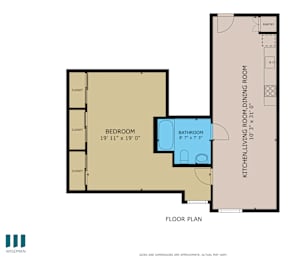 A floor plan of a room with a bedroom, bathroom, kitchen, and pantry.