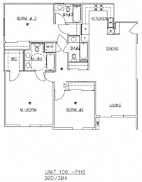 A floor plan of a living space showing a kitchen, dining area, and living room.