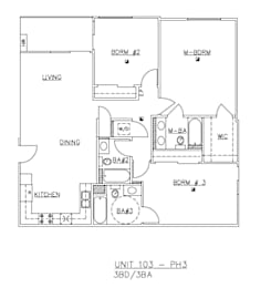 A floor plan of a 3 bedroom apartment.