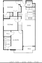 A floor plan of a residential unit with labeled rooms such as kitchen, dining, and bedrooms.