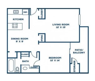 The 1-bedroom, 1-bathroom 716 Square Foot Aspen Floor Plan at Hills at Hoover Apartments 35216