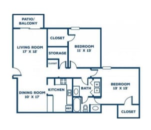 The 2-bedroom, 1-bathroom 1,029 Square Foot Cottonwood Floor Plan at Hills at Hoover Apartments 35216