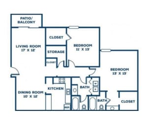 The 2-bedroom, 2-bathroom 1,073 Square Foot Dogwood Floor Plan at Hills at Hoover Apartments 35216