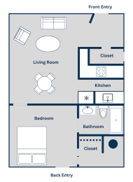 the one-bed, one-bath 620 square foot apartment floor plan at Haven on Canal
