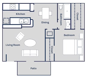 The 581 square foot 1x1 floor plan at Pine Creek Apartments in Houston, TX