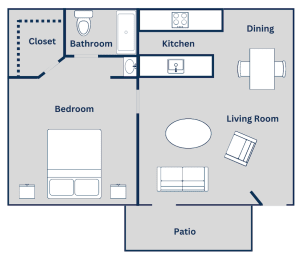 The 528 square foot 1x1 floor plan at Pine Creek Apartments in Houston, TX