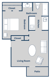 The 599 square foot 1x1 floor plan at Pine Creek Apartments in Houston, TX