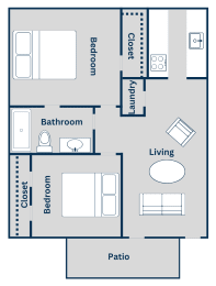 The 747 square foot 2x1 floor plan at Pine Creek Apartments in Houston, TX