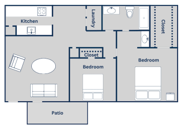 The 782 square foot 2x1 floor plan at Pine Creek Apartments in Houston, TX