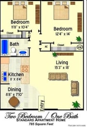 Ridge Apartments 785 square foot 2x1 floor plan