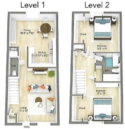 A diagram shows two levels of a house with labeled rooms and dimensions.