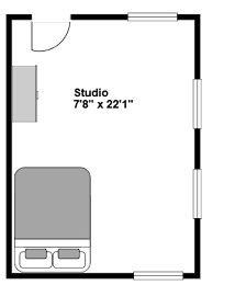 A floor plan of a studio apartment is shown with dimensions.