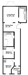 A floor plan of a house with a living room, dining area, and three bedrooms.