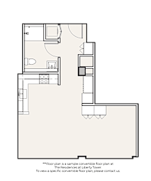 A floor plan of a residential building is shown with a note indicating it is a sample convertible floor plan at The Residences at Liberty Tower.