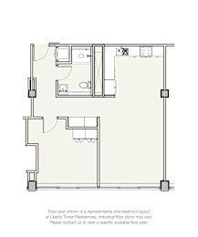 A floor plan for a one-bedroom layout at Liberty Tower Residences.