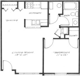 A black and white floor plan of a house with a living room, dining room, kitchen, bathroom, and two bedrooms.
