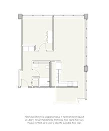 A floor plan for a 1 Bedroom Nook at Liberty Tower Residences is shown.