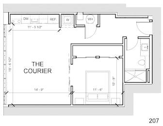 a floor plan of a small house with a bedroom and a bathroom