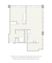 A floor plan for a two-bedroom apartment at Liberty Tower Residences is shown.