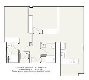 A floor plan of a 2 bedroom apartment at The Residences at Liberty Tower.