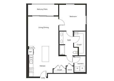 Floor Plan  One bedroom floor plan at Chromatic Flats Apartments in San Diego CA