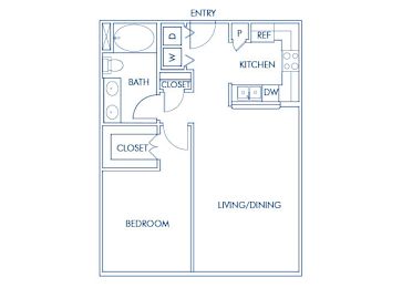 Floor Plan  One bedroom floor plan at Caprielle Apartments in San Diego CA