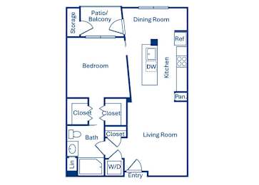 Floor Plan  A floor plan of a living space with a bedroom, bathroom, kitchen, and dining room.