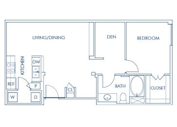 Floor Plan  One bedroom floor plan at Caprielle Apartments in San Diego CA