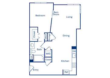 Floor Plan  A floor plan of a house with a bedroom, living room, dining room, kitchen, bathroom, and laundry room.