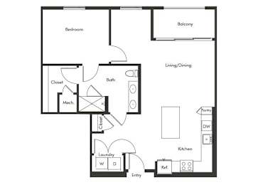 Floor Plan  One bedroom floor plan at Chromatic Flats Apartments in San Diego CA