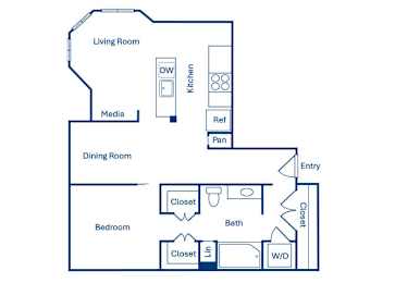 Floor Plan  A simple floor plan of a house with a living room, dining room, kitchen, bedroom, and bathroom.