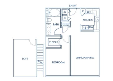 Floor Plan  One bedroom floor plan at Caprielle Apartments in San Diego CA