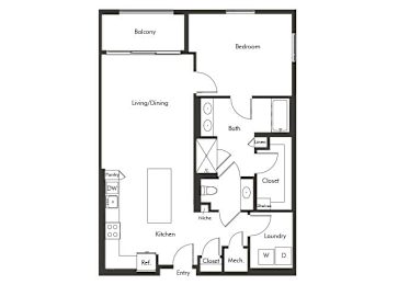 Floor Plan  One bedroom floor plan at Chromatic Flats Apartments in San Diego CA