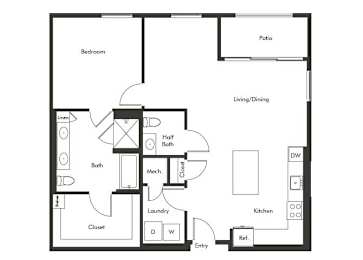 Floor Plan  One bedroom floor plan at Chromatic Flats Apartments in San Diego CA
