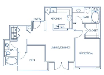 Floor Plan  One bedroom floor plan at Caprielle Apartments in San Diego CA