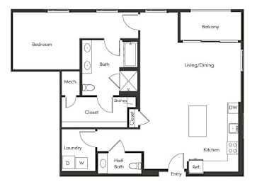 Floor Plan  One bedroom floor plan at Chromatic Flats Apartments in San Diego CA