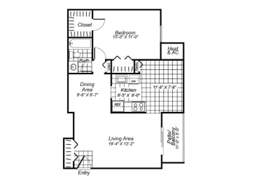 Floor Plan  one bedroom one bathroom floor plan image at Oakfield Apartments
