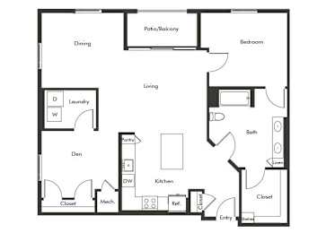 Floor Plan  One bedroom floor plan at Chromatic Flats Apartments in San Diego CA