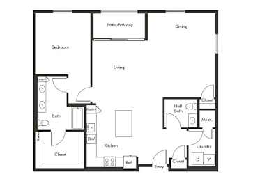 Floor Plan  One bedroom floor plan at Chromatic Flats Apartments in San Diego CA