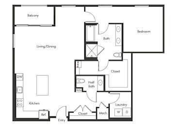 Floor Plan  One bedroom floor plan at Chromatic Flats Apartments in San Diego CA