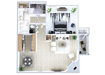 Floor Plan  One bedroom floor plan Loft Model Living Room and Fireplace at Sky Rock Apartments in Longmont CO