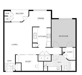 Floor Plan  A floor plan of a house with a living room, dining room, kitchen, bedroom, study, bathroom, and closet.