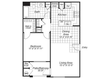Floor Plan  One bedroom one bathroom A2 floor plan at Bristol Apartment Homes in Dixon, CA