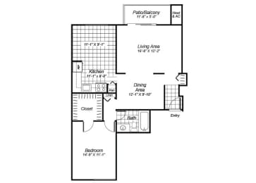 Floor Plan  one bedroom one bathroom floor plan image at Oakfield Apartments