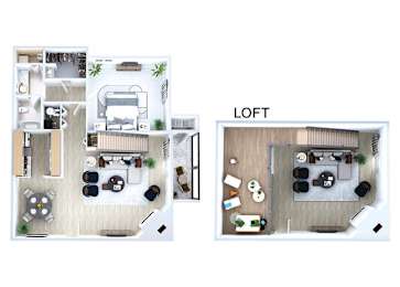 Floor Plan  One bedroom floor plan Loft Model Living Room and Fireplace at Sky Rock Apartments in Longmont CO