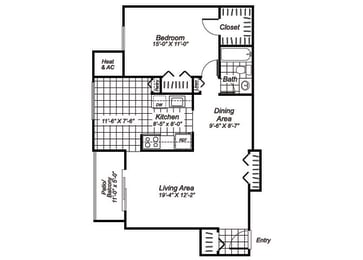 Floor Plan  one bedroom one bathroom floor plan image at Oakfield Apartments