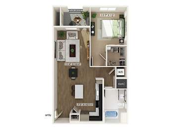Floor Plan  One bedroom floor plan image at West Village Poway Apartments in Poway CA